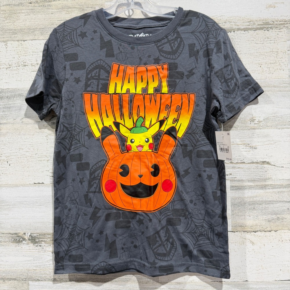 Pokemon T-Shirt Boys Size Small Grey Pikachu Pumpkin Happy Halloween Graphic NWT